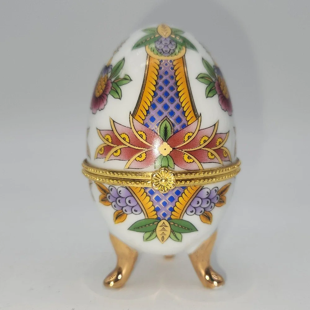 Vintage Porcelain Egg Trinket Box Hinged Footed Floral Gold Trim Limoges Style